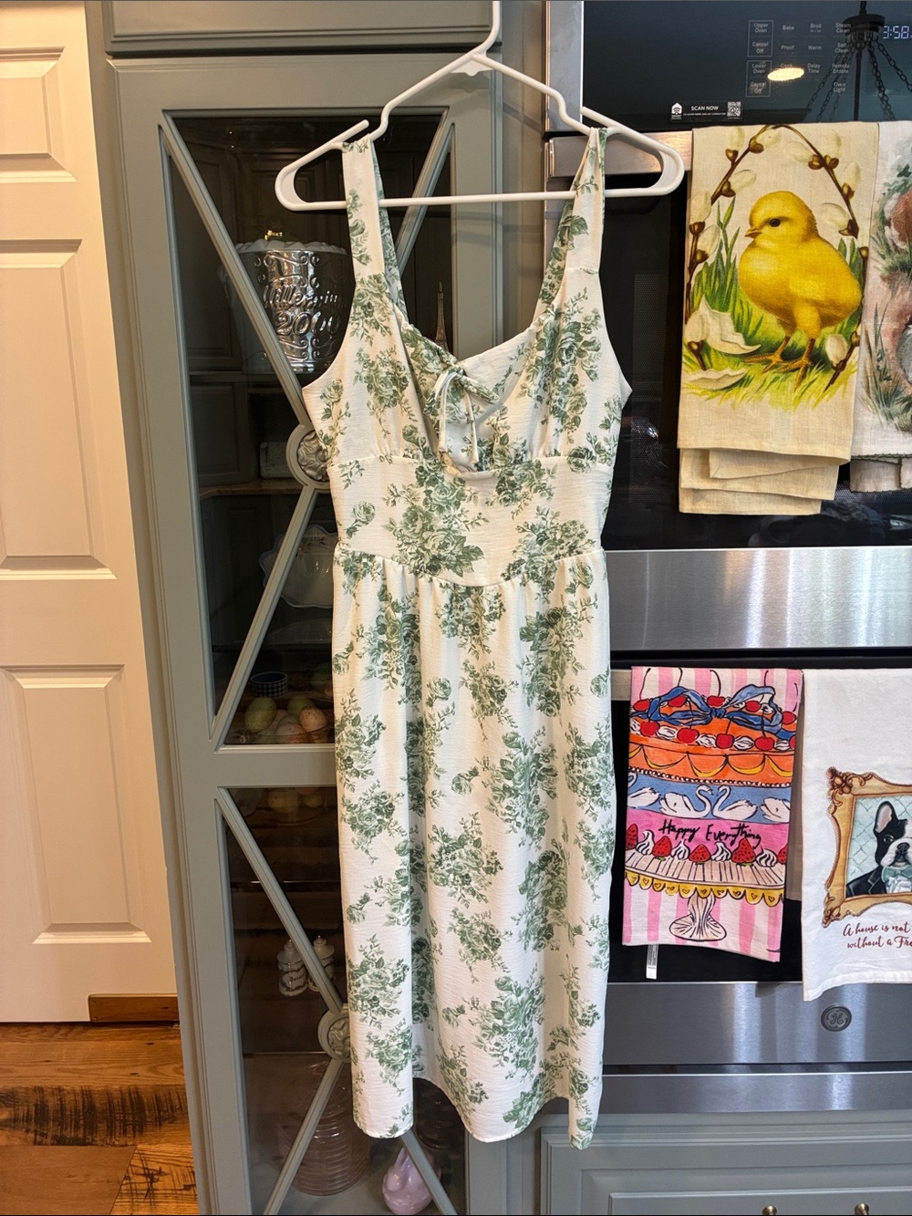 Monteau LA Floral Green & White Summer Midi Dress bow coquette small polyester
